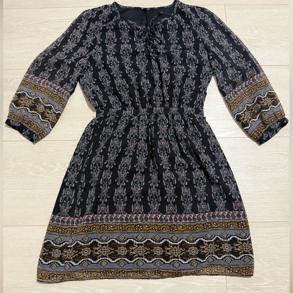 Madewell Boho Black Brown Long Sleeve Dress - Picture 2 of 12
